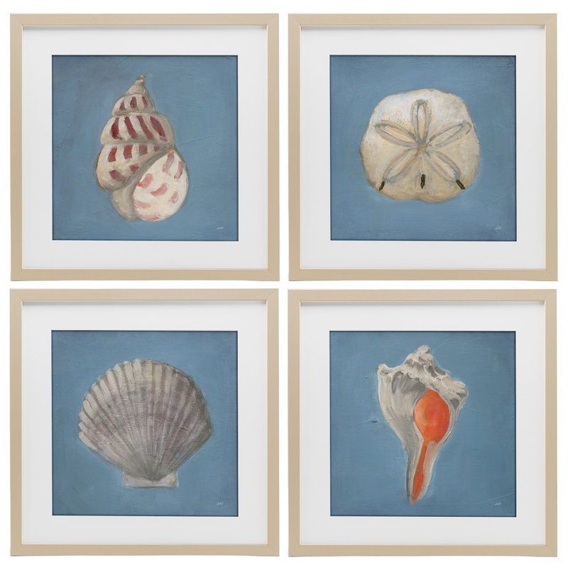 Ensemble de 4 impressions encadrées sous verre Soft Sea Shell Collection, design par Julia Purinton, H 13 po x l 13 po