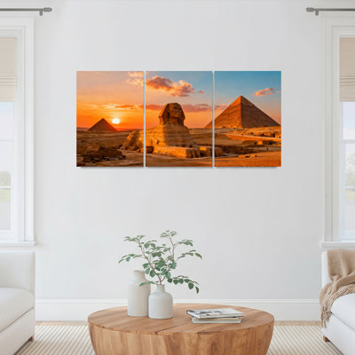 Egypt Pyramids and Sphinx Sunset Landscape Canvas Wrapped Wall Art Oil Painting Print Set of 3