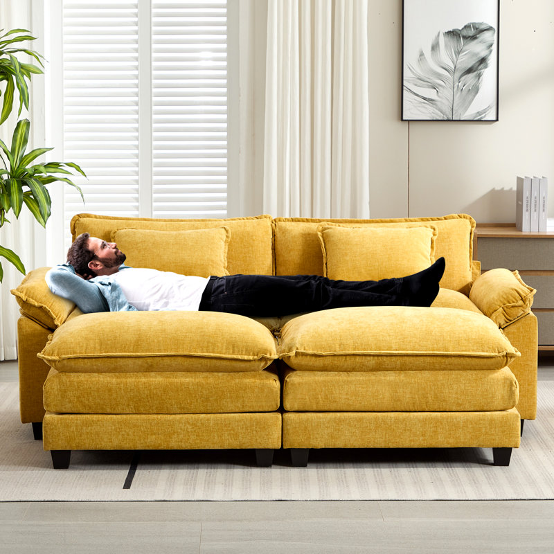 86'' Wide Comfy Cloud Couch Sectional Loveseat Sofa With 2 Ottoman, Yellow Chenille