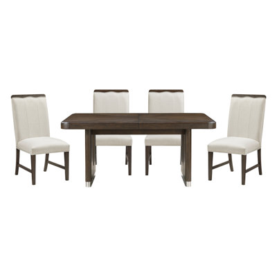 Modern Brown Finish Dining Set 5Pcs Extendable Table With 4X Side Chairs Beige Upholstered Comfort Durable Metallic Accent Table Base Wooden Furniture