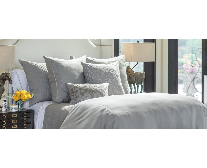 Gray Linen and Velvet Appliqué Rectangular Lumbar Pillow