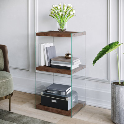Bibliothèque moderne avec 100% bois de pin massif et verre trempé, 15,7 x 31,5 x 13,8 pouces | Tablettes de 30 mm d'épaisseur, capacité de poids maximale de 22 lb par tablette | Élégante finition noyer, fixation murale, plusieurs tablettes de rangement