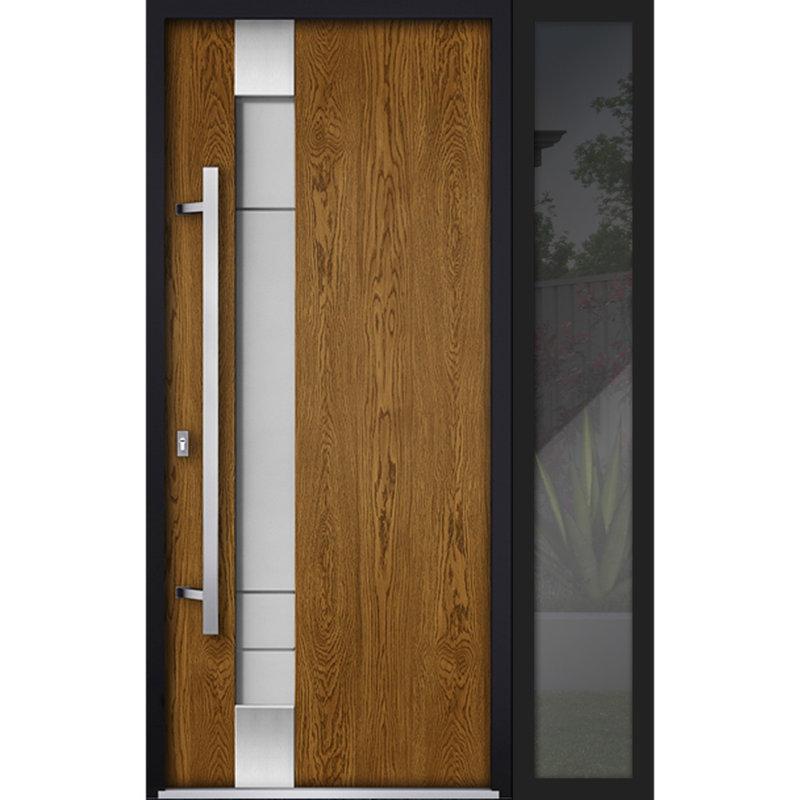 Porte d'entrée extérieure prémontée en acier Deux 1713 Chêne naturel, fenêtre latérale extérieure noire, inserts en acier inoxydable, style moderne, peinte - L 36 + 14 x H 80 - Ouverture à droite vers l'intérieur