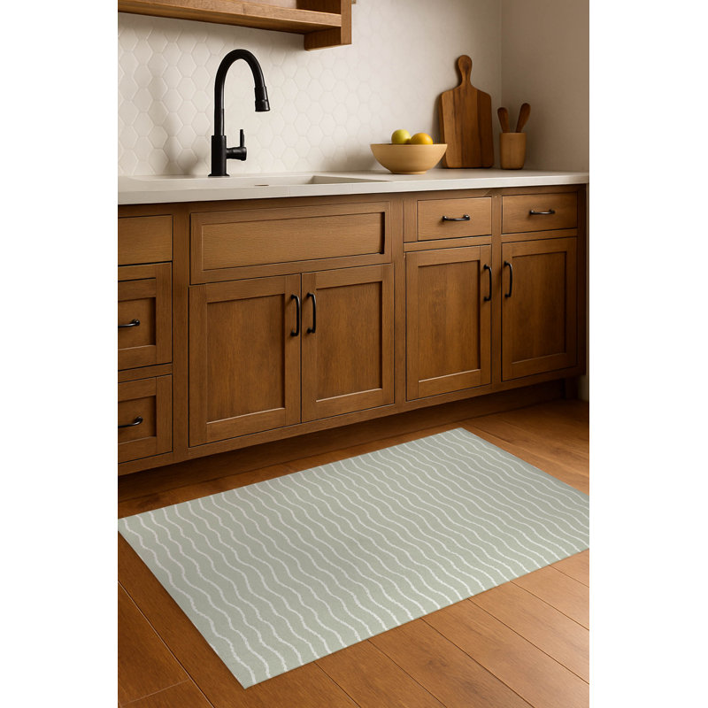 Wave Grunge Lightweight Non-Slip Kitchen Mat, Light Green, Rectangle 2' x 3'