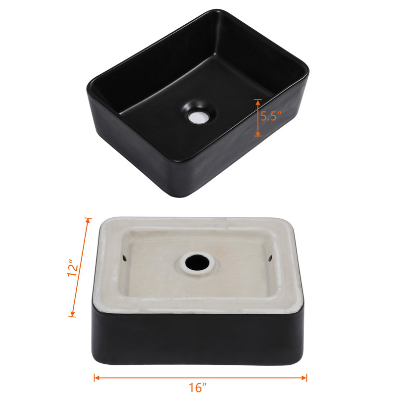 16" Black Ceramic Rectangular Vessel Bathroom Sink