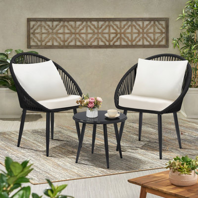 3-Piece All-Weather Woven Rope Bistro Set with Cushions & Side Table – Ideal for Patio, Deck, Balcony, Poolside
