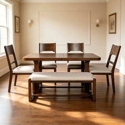 6-Piece Solid Wood Dining Table Set, Extendable Rectangular Dining Room Set