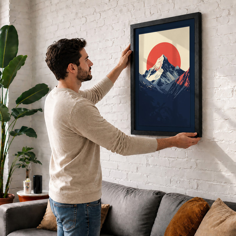 Mountain Under Red Sun Minimalist - Print, Walnut, A4 - 29.7 x 21.0 cm