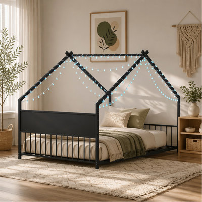 Lit double pleine grandeur avec toit et lumières colorées, cadre de lit en métal avec lattes et pieds, lit maison pour garçon, filles et jeunes adolescents, aucun sommier nécessaire, noir.