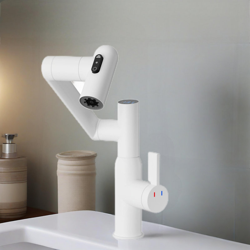 Bathroom Sink Faucet With Spray Function And Temperature Display For Anti-skid Switch And Hot & Cold And 360° Rotary