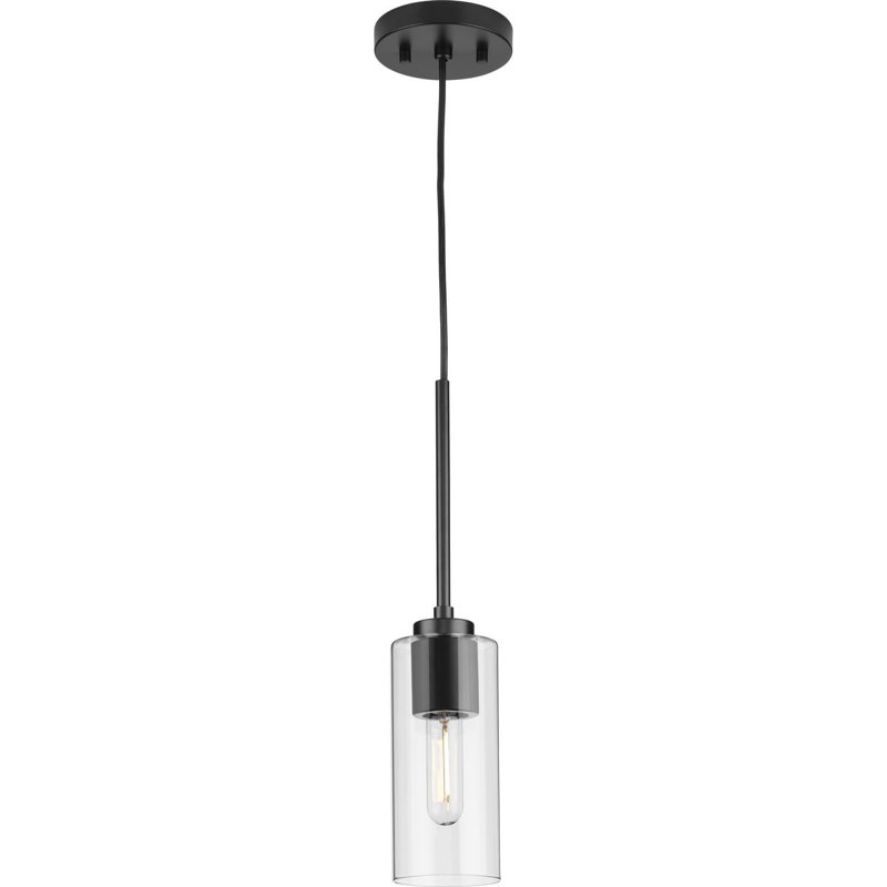 Luminaire suspendu cylindrique à 1 lumière Cortny, Transparent, Noir mat