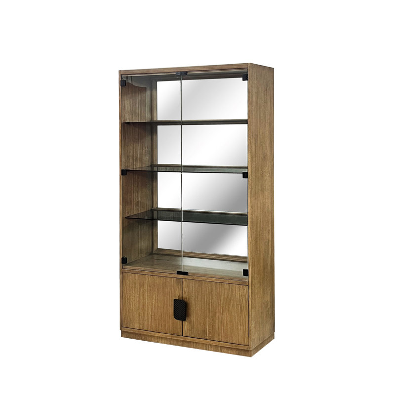 Vitrine en eucalyptus avec verre trempé et panneau arrière en miroir, unité de rangement inférieure à deux portes, brun clair, bois massif +, 41,88 po de profondeur, 14,64 de largeur, 78,49 de hauteur, 266,86 lb de portes, pour