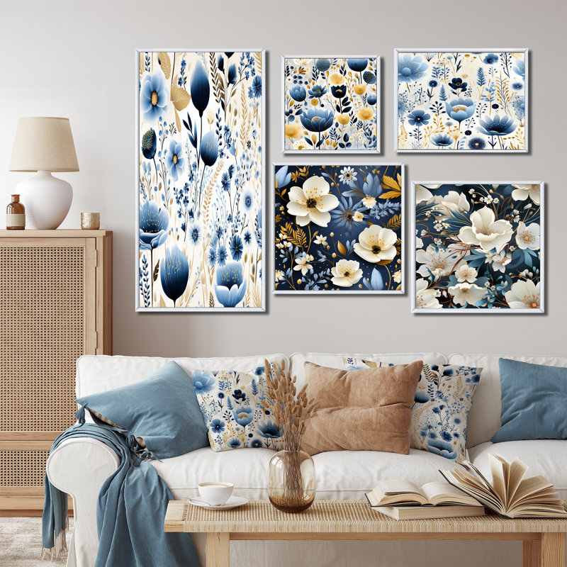 Avera - Ensemble de 5 impressions sur toile florales, Cadre flottant blanc