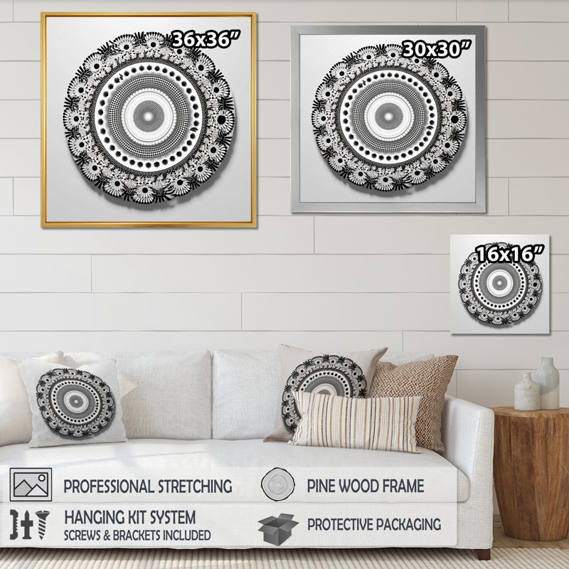Mandala sacré en rétro noir et blanc sur toile, Cadre flottant noir, 36" H x 36" W