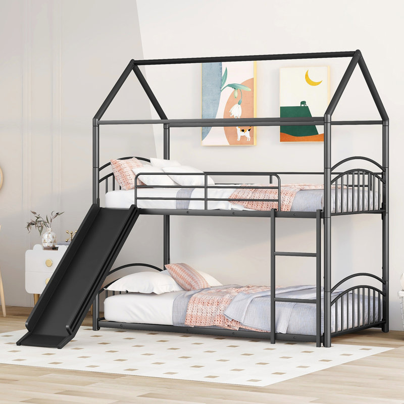 Lit superposé innovant en métal avec glissade et conception convertible, idéal pour le jeu imaginatif des enfants et un sommeil confortable