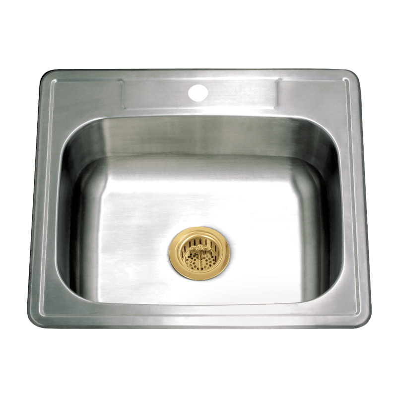 Kingston Brass Studio 25-Inch Stainless Steel Self-Rimming Single Bowl Bar Sink With 1-Hole Drain And Strainer, Brushed Brass