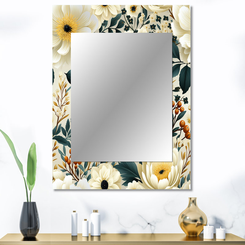 Arismendy Ivory Boho Chic Floral Pattern - Floral Unique Wall Mirror Decor, Floral Large Mirror, Printed Metal Art, 40" x 30"