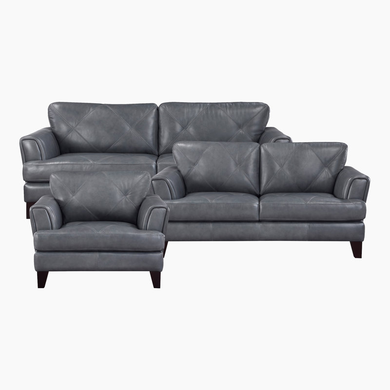 Ensemble de salon moderne en cuir fleur 3 pièces Nico Modern, Cuir véritable gris bruni