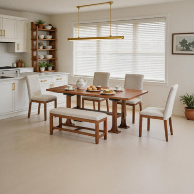 6-Piece Farmhouse Extendable Dining Set, 76" Trestle Table with 18" Removable Leaf, Upholstered Chairs & Bench, Brown & Ivory