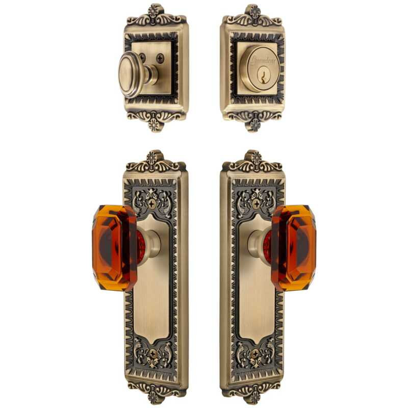 Grandeur Windsor Long Plate Entry Set with Baguette Amber Crystal Knob in Vintage Brass, Vintage Brass, 2.375"