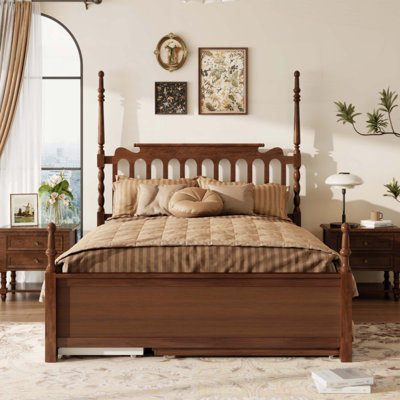 Structure de lit plateforme avec lit gigogne simple TG et 2 tiroirs de rangement, lit en bois classique avec tête de lit à broche