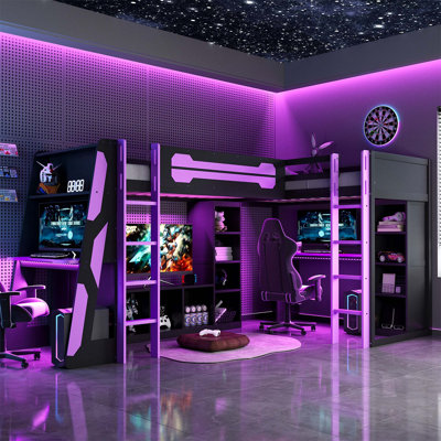 Cadre de lit de jeu en L en forme de L avec lumières DEL RVB, lits simples doubles, ports USB, meuble télé et tablettes de rangement, aménagement réversible, lit mezzanine en bois peu encombrant pour adolescents et adultes (matelas non inclus)