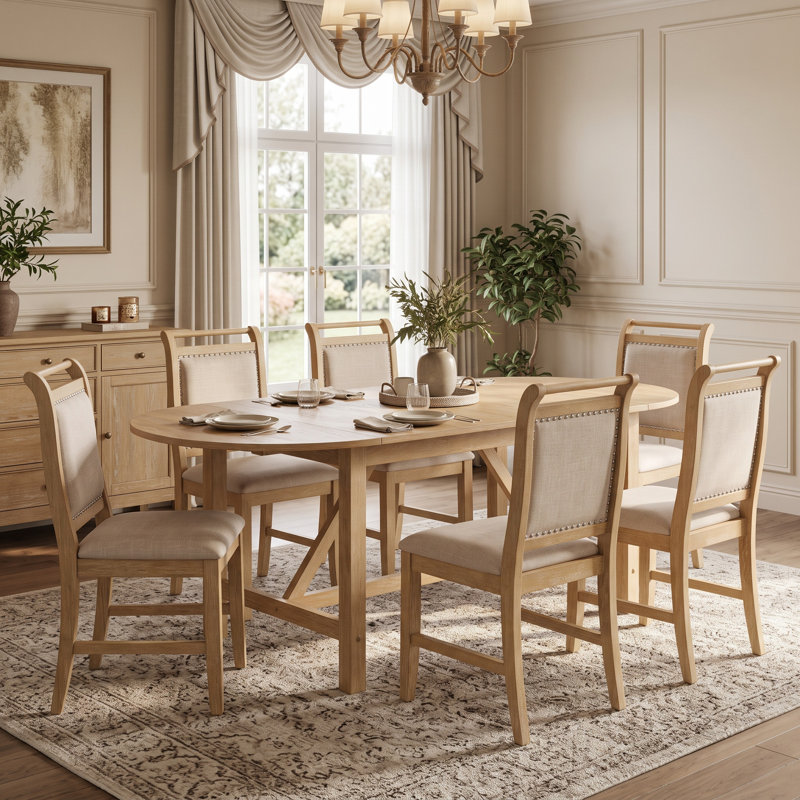 7-Piece Farmhouse Extendable Dining Table Set for 6, 48"-84" Oval Drop Leaf Table with 6 Upholstered Chairs