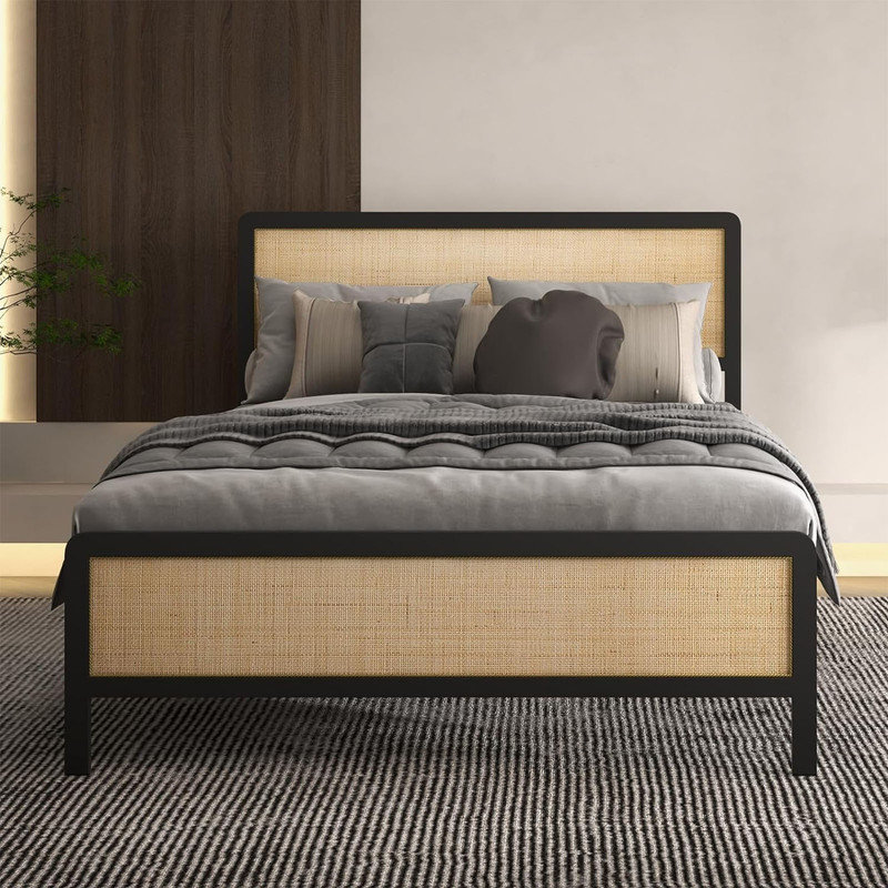 Queen Size Bed Frame With Rattan Headboard And Footboard Platform Bed Frame With Under Bed Storage&Safe Rounded Corners No Box Spring Needed Wood Slat Support Easy Assembly