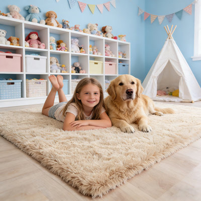 Soft Beige Plush Shag Rug, Warm Cozy Carpet for Living Room, Nursery and Dorm Room