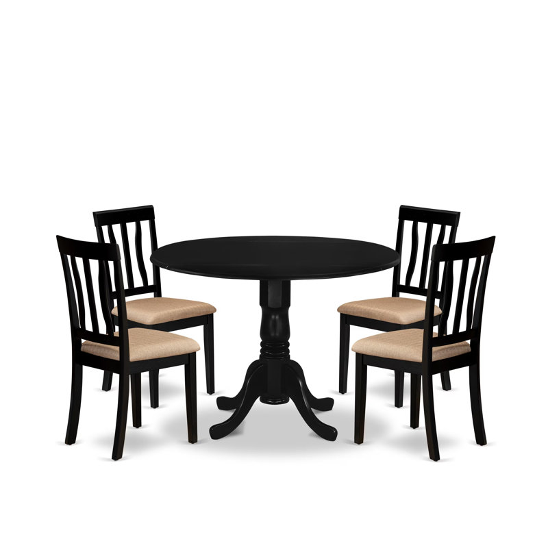 Ensemble de table de salle à manger 5 pièces comprenant une table de cuisine ronde avec Dropleaf et 4 chaises de salle à manger rembourrées en tissu de lin, 42 po x 42 po, noir