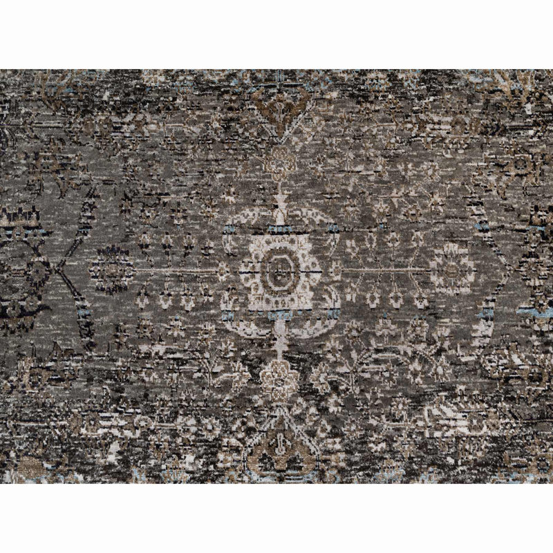 8'x9'10" Intense Grey Transitional Erased Silk with Wool Hand Knotted Rug 8ED4101A096A4C41A40EEBD9B2858636