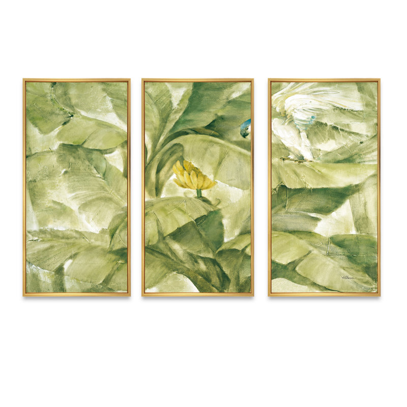 Ensemble de 3 toiles tropicales encadrées vertes, Doré, H 32 po x l 48 po