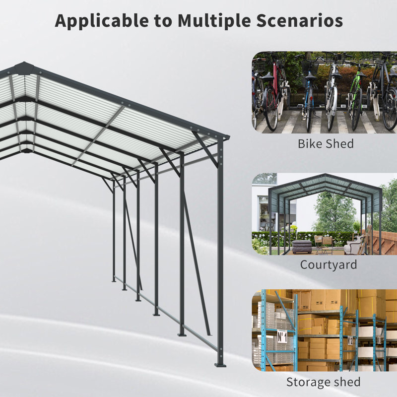13x26.5 Metal Heavy Duty Carport With Galvanized Steel Roof And Frame,outdoor Large Garage With 4 Fixed Inclined Square Tube Supports For Cars, Trucks