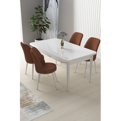 Modern 5-Piece Dining Table & Chairs Set, White & Tile Red | 43.3 x 29.9 x 27.9 inches Table with 100% Melamine Coated Chipboard & Metal Legs | 4 Chairs with Jerry Fabric, Comfortable 22 DNS Foam Back, Stylish & Durable Design
