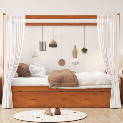 Wooden Canopy Bed with Storage Drawers, Solid Wood Canopy Bed Frame with 2 Built-In Drawers, Slatted Support, No Box Spring Needed, Classic & Modern Design
