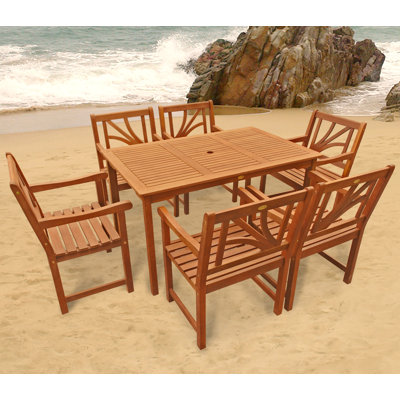 Adish 6 - Person Eucalyptus Solid Wood Patio Dining Set Umbrella Hole Included Rectangular Table