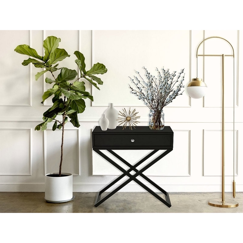 Table de chevet 23 po en bois avec plateau en verre, tiroir et base en métal, Noir