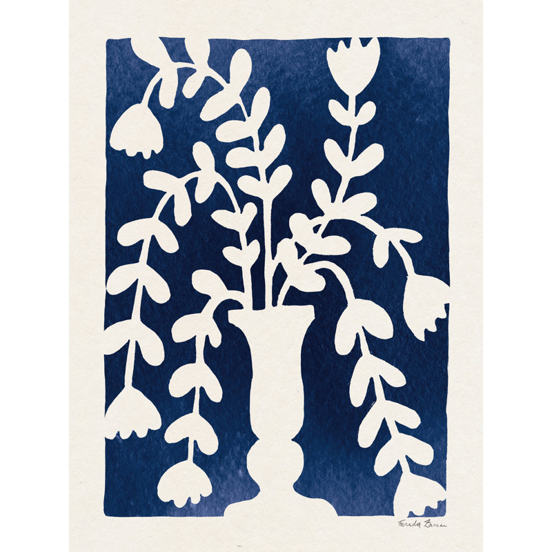 «Blooming Blue I» par Farida Zaman, Papier avec cadre unique doré, Non, H 32 po x l 24 po