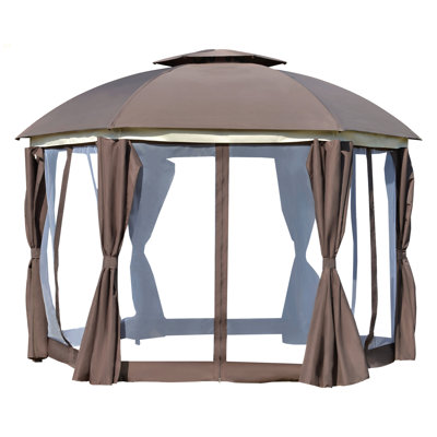 Outsunny 12' X 12' Round Outdoor Gazebo, Patio Dome Gazebo Canopy Shelter With Double Roof, Netting Sidewalls And Curtains, Zippered Doors, Strong Steel Frame, Brown