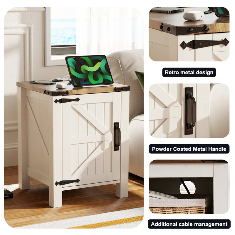 24'' Tall Farmhouse End Table With Charging Station, Wood Nightstand With Adjustable Shelf, Built-in Outlets