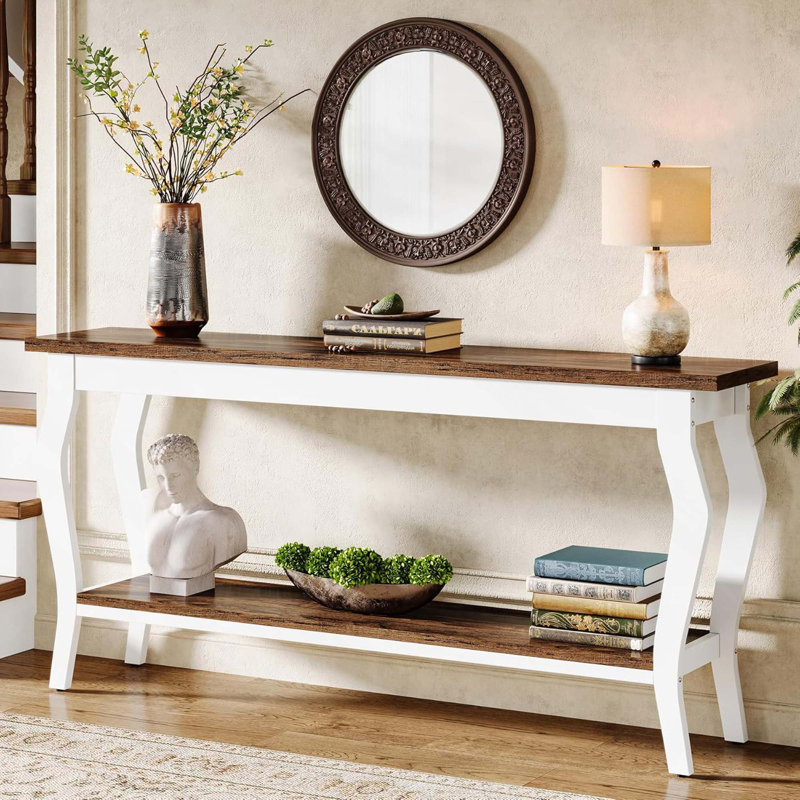 Console rétro vintage avec deux tablettes, parfaite pour un canapé très long et un décor de canapé