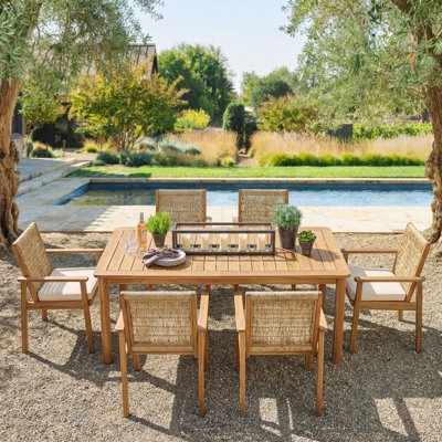 Ullman 7-Piece Outdoor Modern Coastal Acacia Wood Dining Set With Wicker Chairs And Cushions