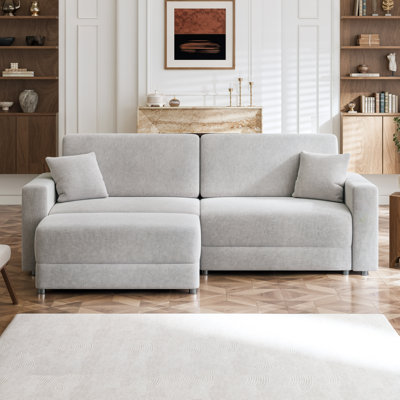 Modern Linen Sofa Deep Seat Couch with Ottoman and Metal Legs Upholstered Furniture for Living Room Apartment Gray
