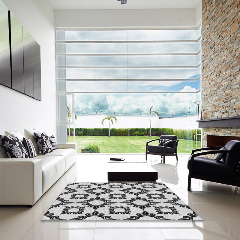 Tapis blanc/noir tissé à la machine, Carré 8 pi