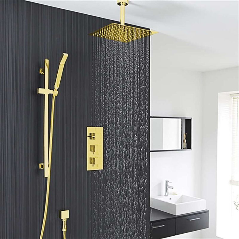FontanaShowers Gold Rain Shower System with Ceiling Mount Showerhead, Handheld, and Triple Concealed Valve