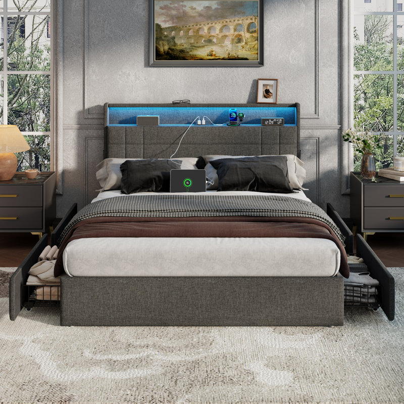 Queen Bed Frame with 4 Underbed Drawers and Open Storage Headboard, Upholstered Platform Bed with Adjustable LED Light and Charging Station, No Box Spring Needed,Dark Gray