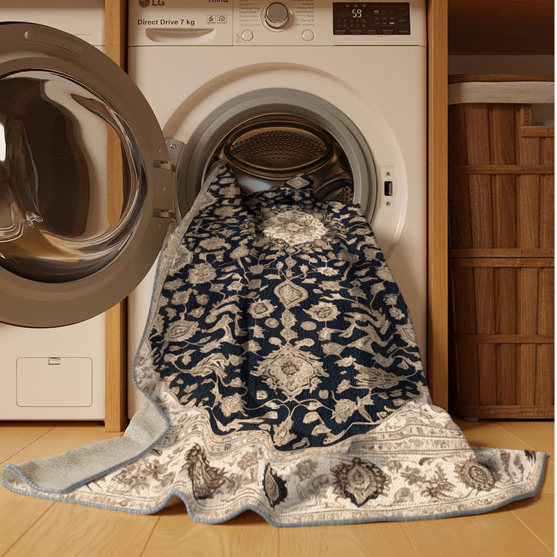 Tapis persan gris lavable à la machine, Rond 3 pi
