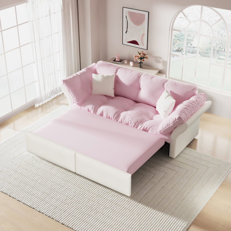 Lit gigogne convertible 3 en 1 rose, grand lit de 74,8 po, revêtement en velours, support confortable, velours de construction en acier, 2 sièges, assemblage rapide et respirant, style moderne