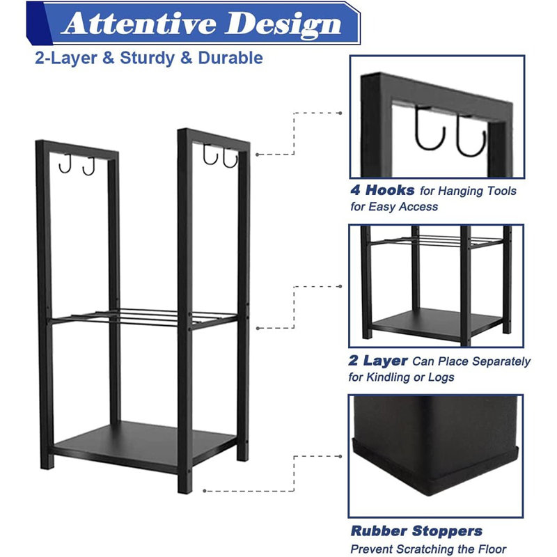 Petit support de rangement à bûches 2 niveaux pour foyer intérieur ou patio extérieur, noir