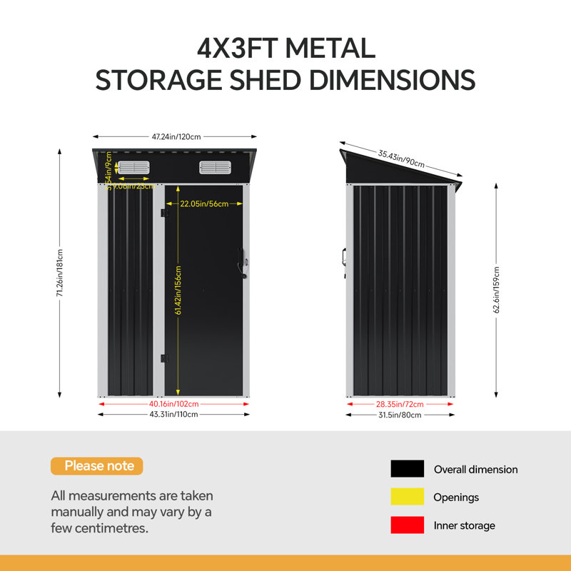 4 x 3FT Metal Garden Storage Shed with Lockable Door, Black